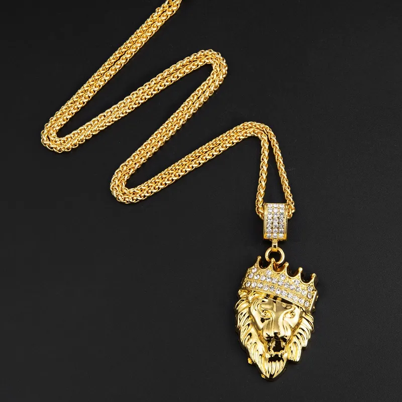 Mens Hip Hop Gold Cuban Link Chain Lion Head King Crown Pendant Halsband Fashion Jewelry281G