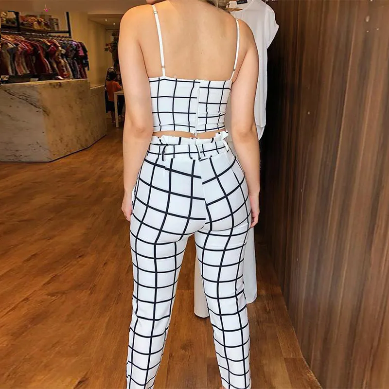 Women Two Piece Sets Summer Short Sleeveless Grid Plunge V-neck Wrapped Plaid Cami Top High Waist Bodycon Ankle-length Pants X0428