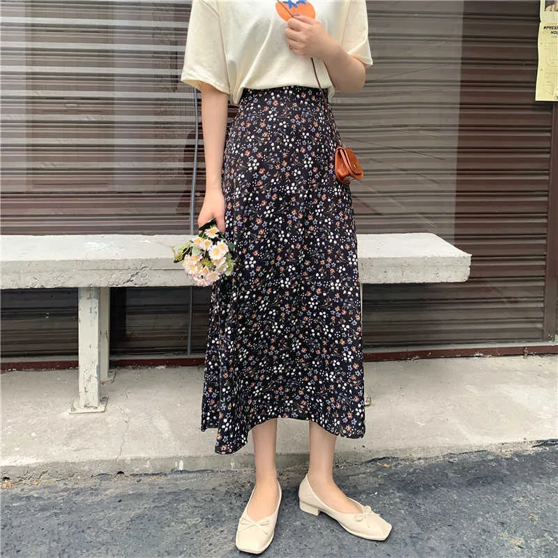 Empire LONG Skirts Women Retro Chic Fashion Soft Chiffon Summer Vacation Ladies Clothing Floral Korean Femme Skirt 210529