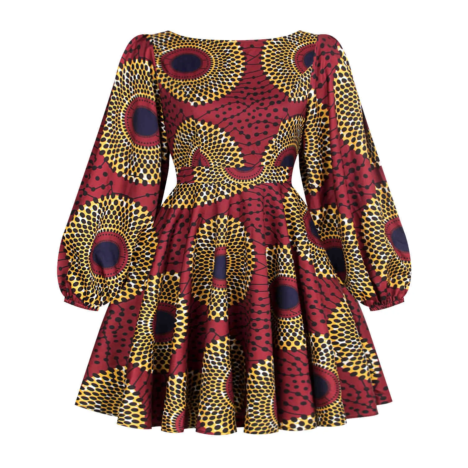 フローラルの女性のドレスアフリカのダニキプリントランタンスリーブカジュアルな女性のドレス民族スタイルビンテージハイウエストローブの背中のないセクシー210524