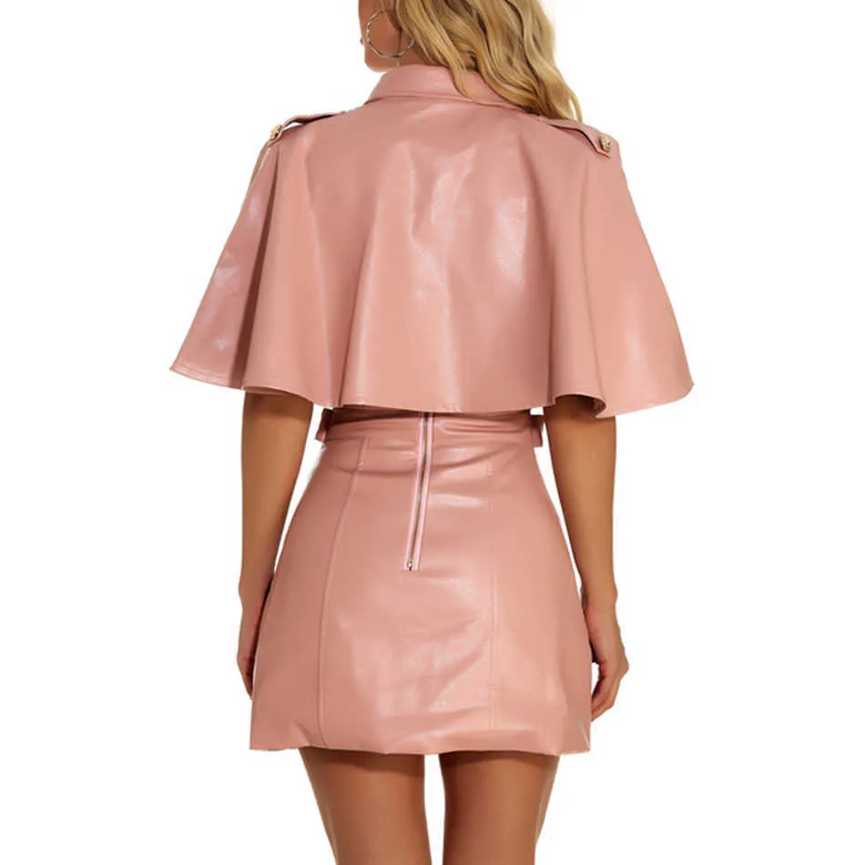 Robe en cuir PU rose deux pièces sexy femmes manches châle bouton chaîne moulante club fête mini robes mode 210527