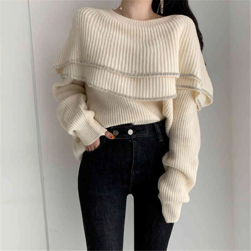 Ezgaga Elegante Double Rüschen Kragen Frauen Pullover Pullover Helle Seide übergroße Büro Dame Strick Tops Koreaner Jumper Fashion 210430