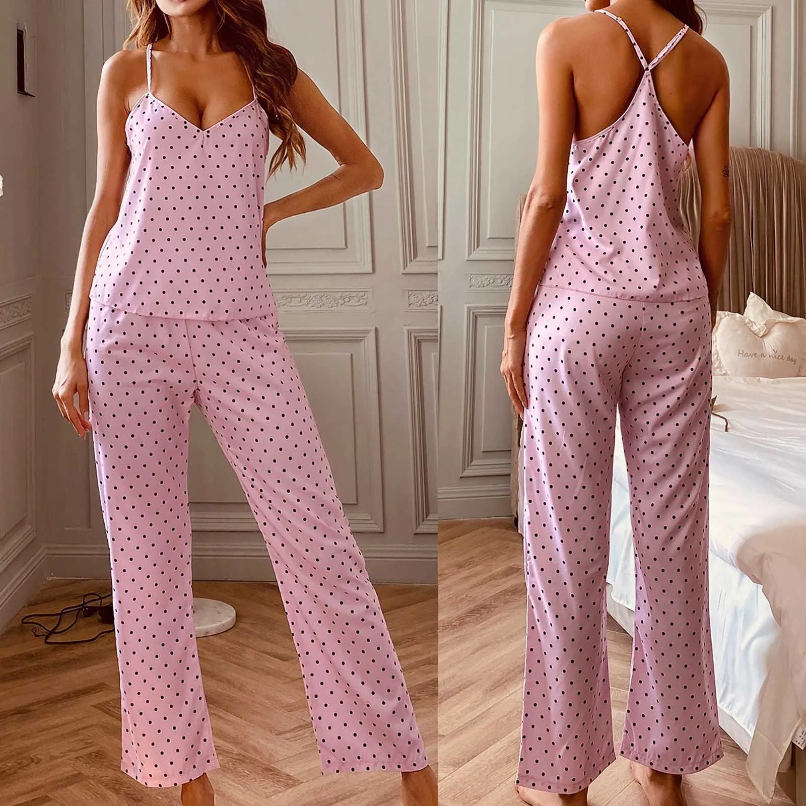 Spaghetti Strap Pyjamas Print Sommar Två Piece Set Top And Pants Sleepwear Satin Kvinnor V Neck Sexig Nightwear Polka Dots Print Q0706