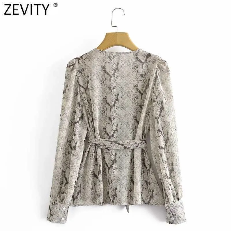 Zevenity Dames Vintage Cross V-hals Snake Skin Print Bow Sjordes Shirt Vrouwelijke Puff Sleeve Kimono Blouse Chic Blusas Tops LS9272 210603