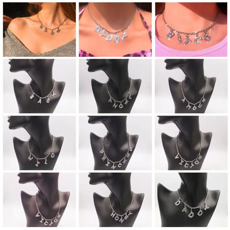 ENGEL Brief Kristall Pedant Halskette für Frauen Silber Farbe Kette BABY HONIG Strass Halsband Paar Schmuck Geschenk
