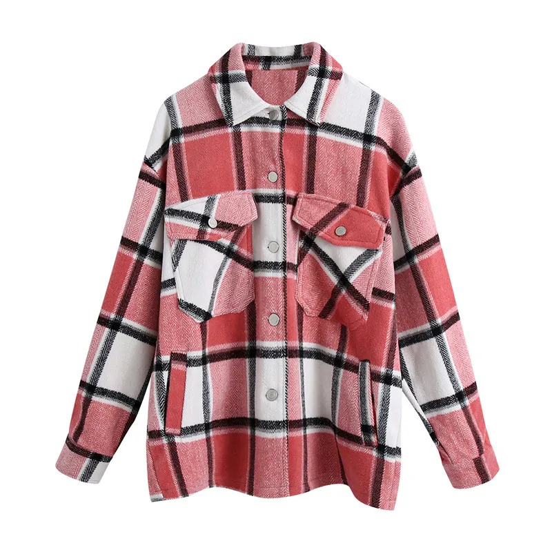 BLSQR Streetwear losse plaid shirt jas dames casual herfst vrouwen jas vrouwelijke knoppen zakken tweed jassen 210430