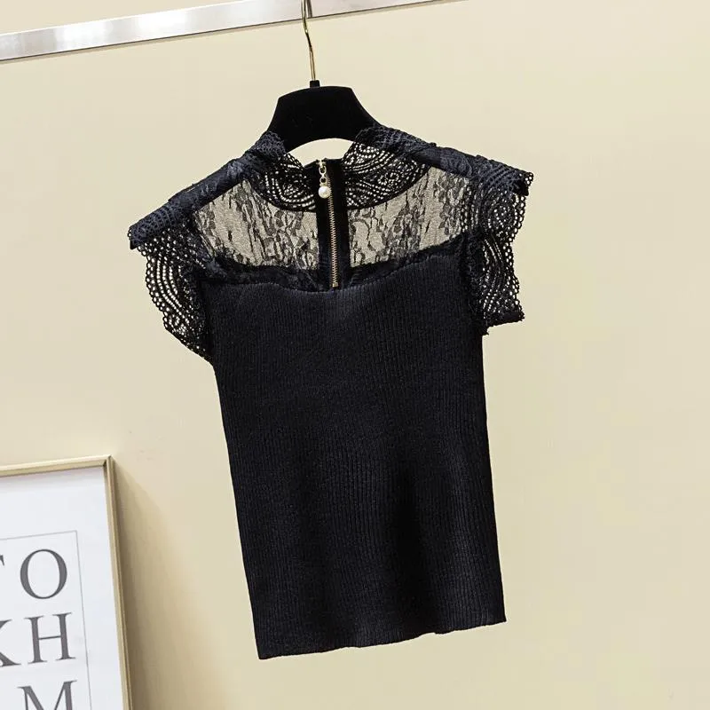 Design Sexy Lace Blouse Women Black and White Off Shoulder Top With collar Knitted Patchwork Ladies Tops XS