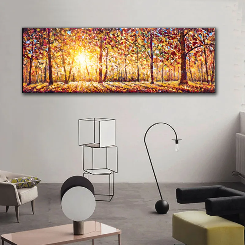 Grande taille abstraite arbre peinture à l'huile sur toile forêt soleil affiches et impressions pour salon chevet peinture décor à la maison