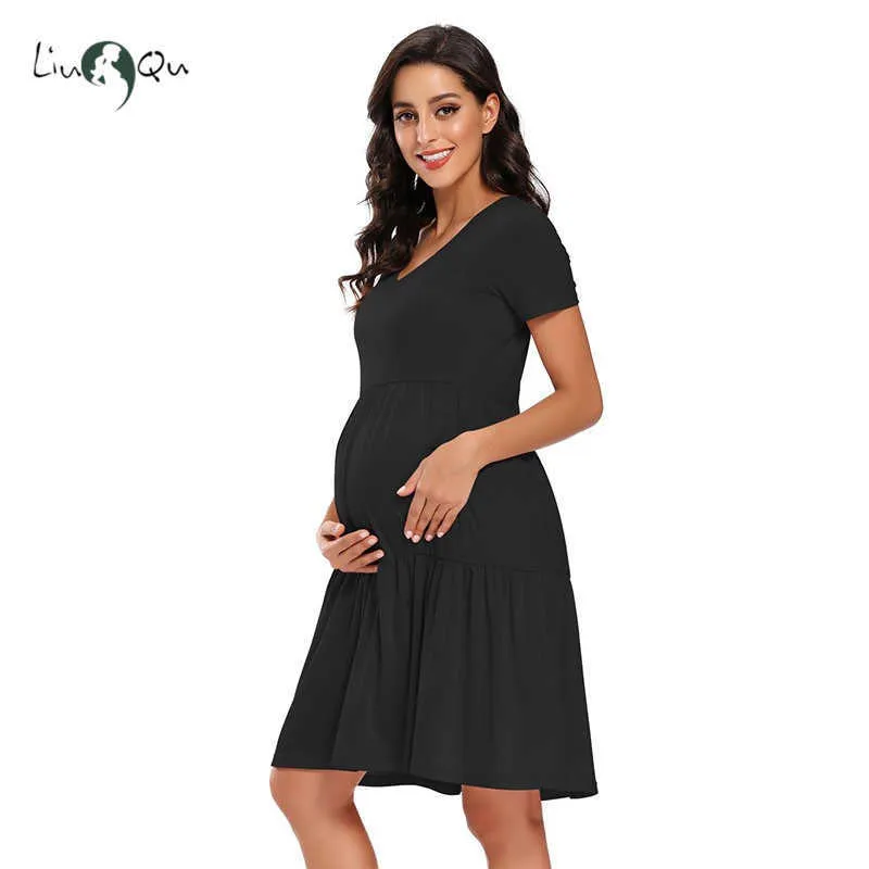 Женщины с коротким рукавом платье для беременных V-образным вырезом повседневные проточные тунические платье на беременность одежда высокая талия плиссированная элегантное очаровательное платье Y0924