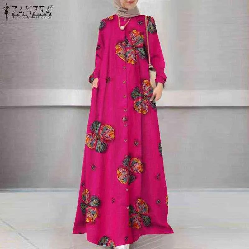 Старинные мусульманские платье Hijab Zanzea весна с длинным рукавом цветочные напечатанные Maix длинный сарафан Дубай исламская одежда халат Femme Y1204