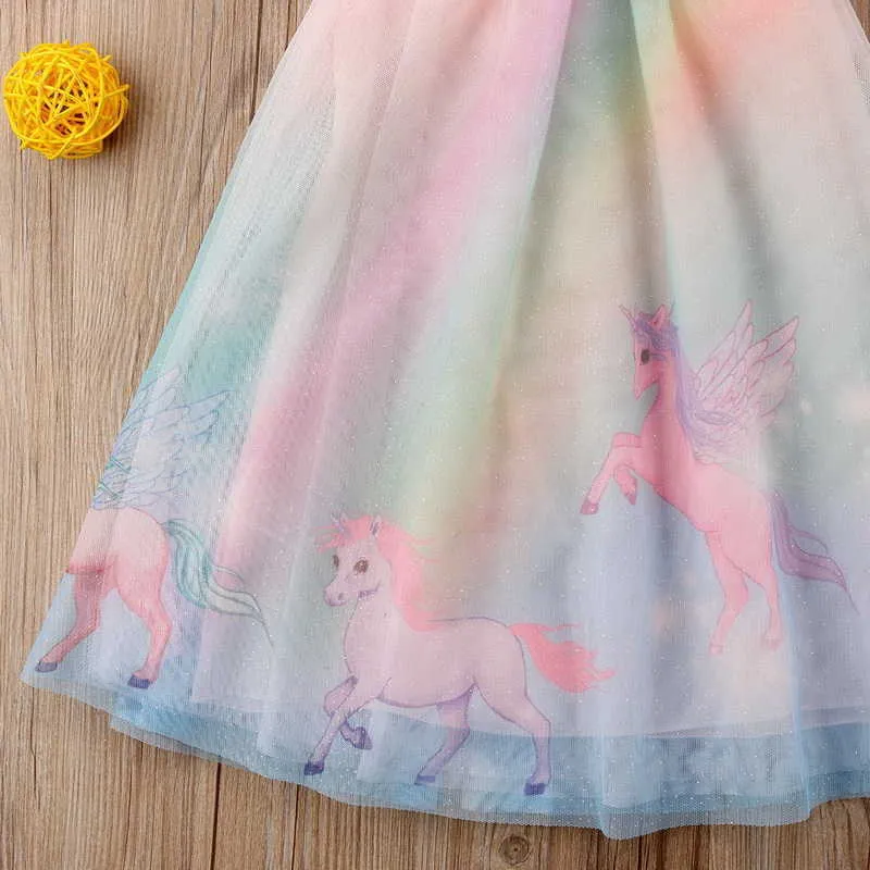 Retail Girls Dress Summer Sleeveless Unicorn Rainbow Pink Baby Girl Princess Kids Clothes 1-7Y E90465 210610