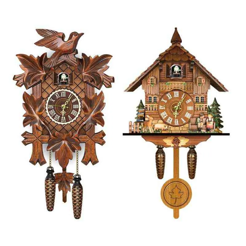 木製の壁掛け時計カッコウアンティーク振り子ぶら下げ手作りのスイング警報腕時計ホームベッドルーム装飾H1230