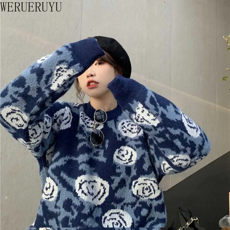 Werueruyu Hong Kong styl retro sweter uczennica koreańska luźna zima leniwy wiatr plus rozmiar sweter 210608