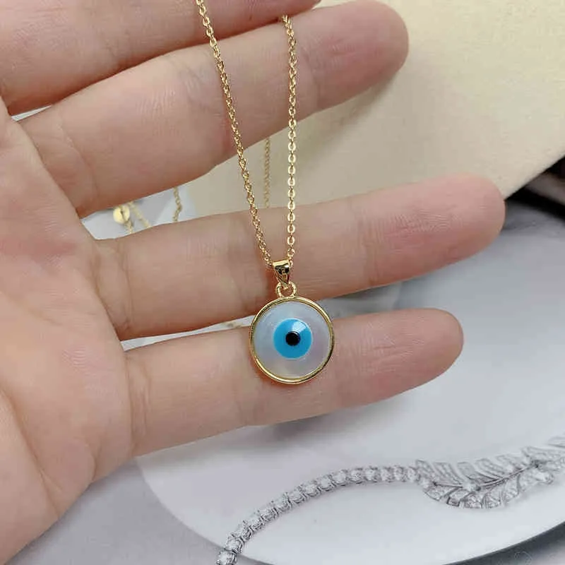 Mode Runde Blau Evil Eye Halskette Frauen Hohe Qualität Vergoldet Kette Perle Shell Anhänger Schmuck