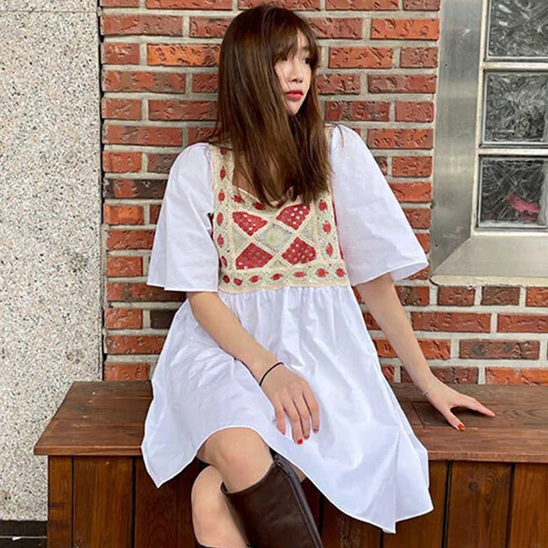 Korejpaa Kobiety Dress Summer Koreański Chic Vintage Square Collar Haftowane Kwiaty Szyte Luźny Rękaw Bubble Vestido 210526