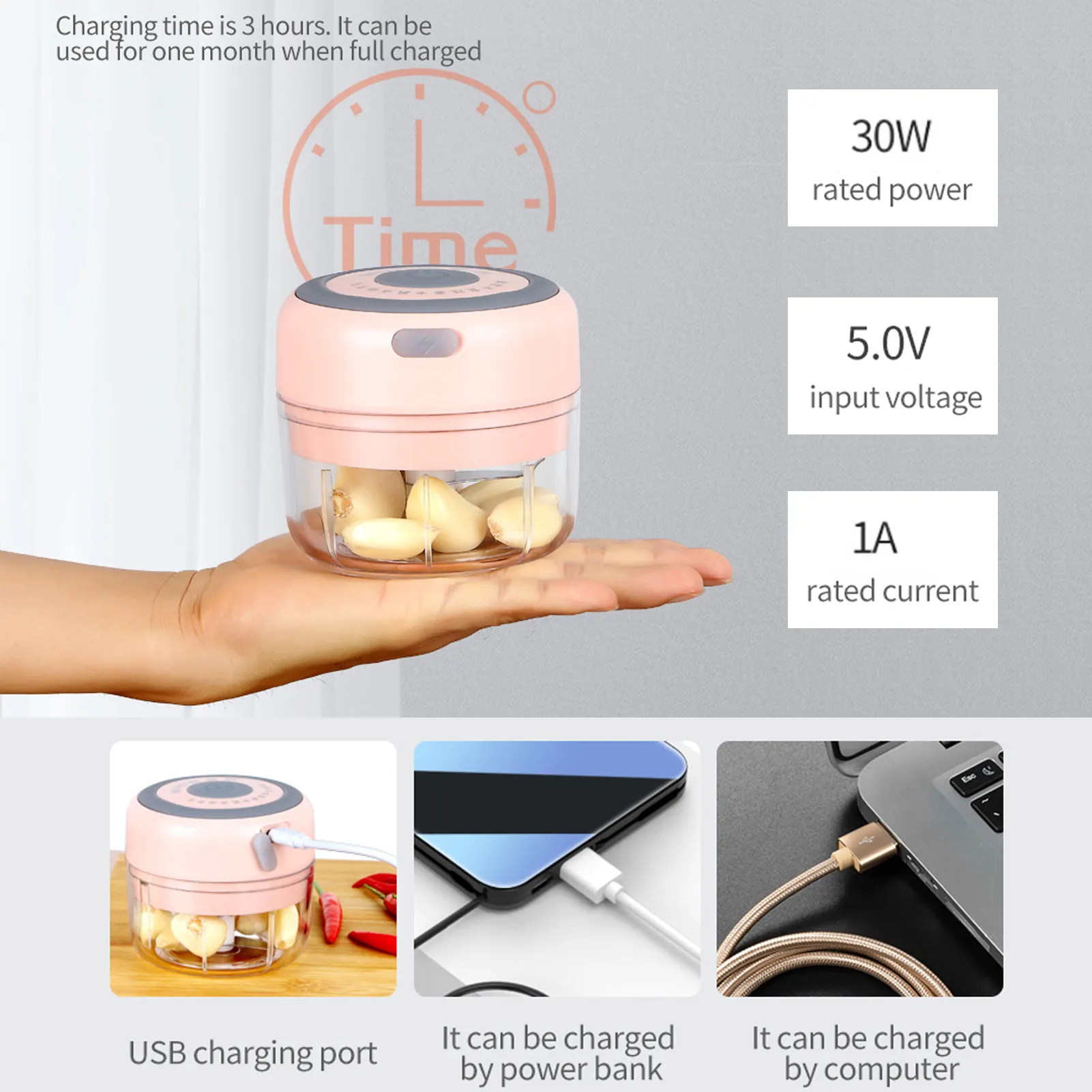 100ML Mini Garlic Grinder Electric Garlic Chopper Cordless Food Fruit Vegetable Blender Kitchen Gadgets USB Rechargeable 210319