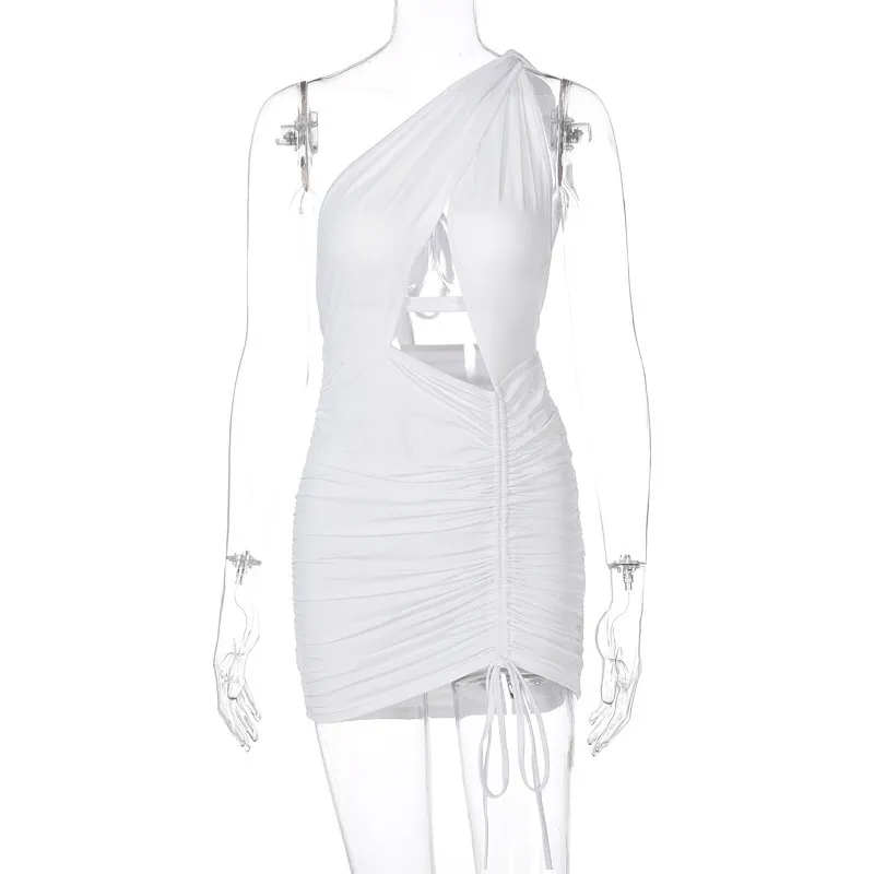 Asymmetry party klänningar för damer solid en axel ihålig ut sexig hög midja dragsko Vestidos kvinnlig klänning stilig 210517