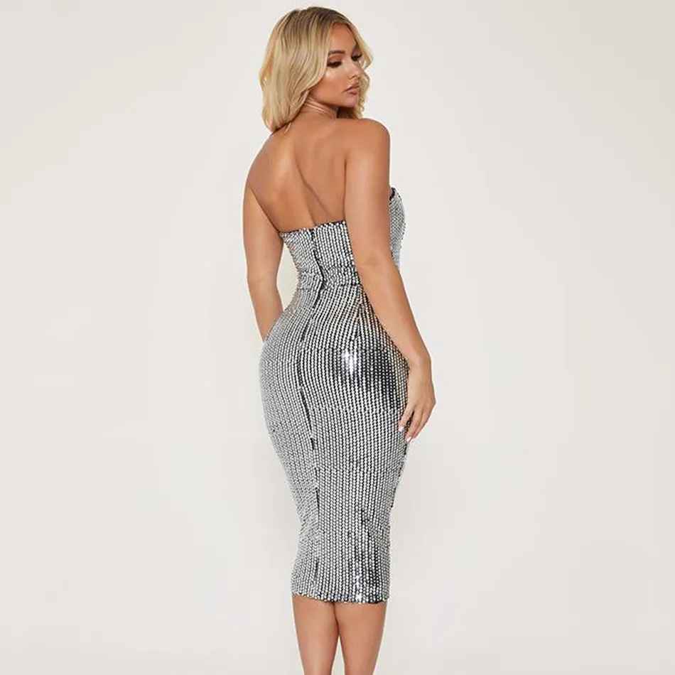 Free Women's Silver Sequined Bandage Dress Sexy Strapless Bodycon Halter Club Midi Celebrity Party 210524