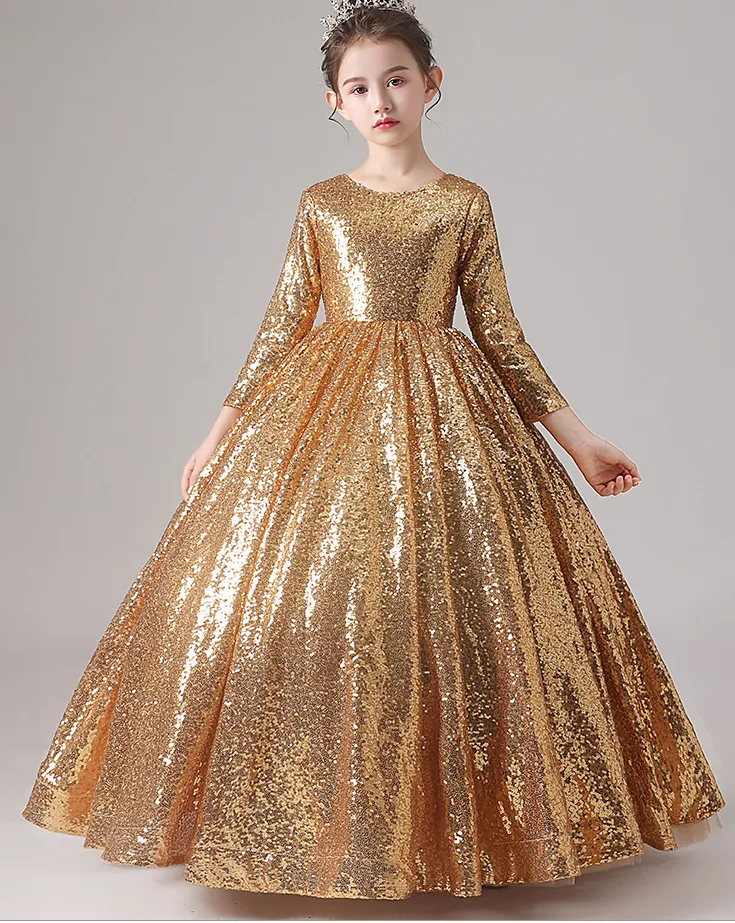 2021 Золотое блестящее бальное платье принцессы для маленьких девочек Конкурсные платья цвета фуксии Маленькие детские камуфляжные платья для девочек-цветочниц на свадьбу с большим 311P