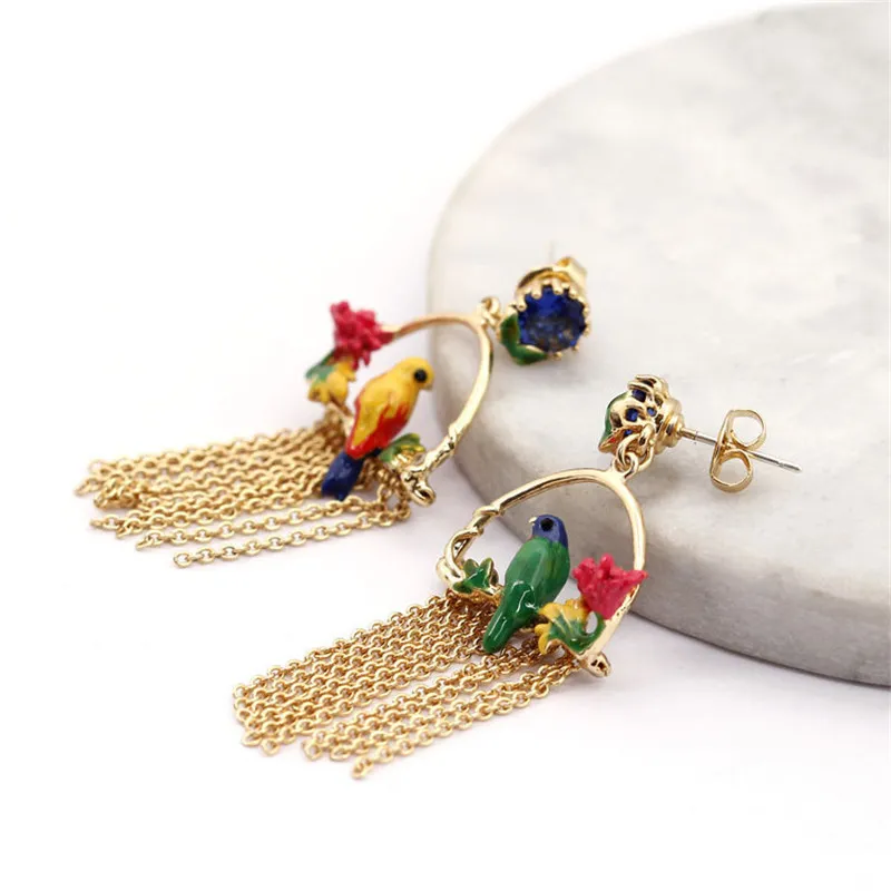 Luxo em ouro banhado a ouro mulheres moda assimétrica papagaio tassel dangler jóias design design esmalte brinco