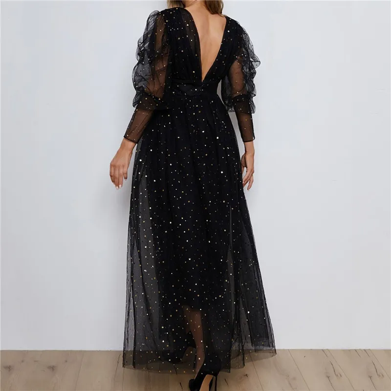 Isarose Glitter Blackbows Dress Little Stars Sequins Black Mesh Deep v Словочные длинные рукава леди сексуальные высокие талии MIDI платья 210422