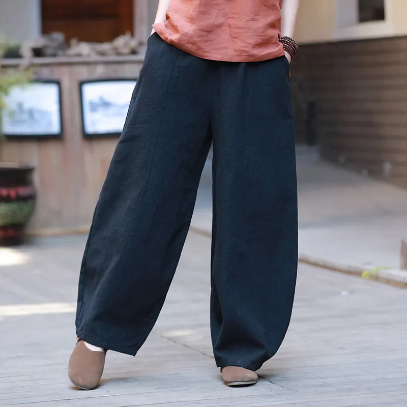 Johnature Wide Leg Hosen Frauen Baumwolle Leinen Elastische Taille Hose Frühling Vintage 9 Farbe Casual Hohe Qualität Hosen 210521
