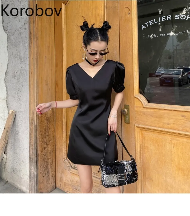 Korobov Vintage V Neck Rękaw Puff Rękaw Czarny Sukienka Koreański Streetwear Wysoka Talia Summer Sukienki Chic Nowe Vestidos Mujer 210430