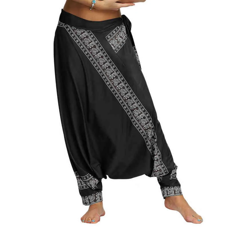 New Womens Harem Yoga Pants,Adjustable Waistband High Waist Casual Beach Pants Baggy Hippie Boho Aladdin Pants H1221