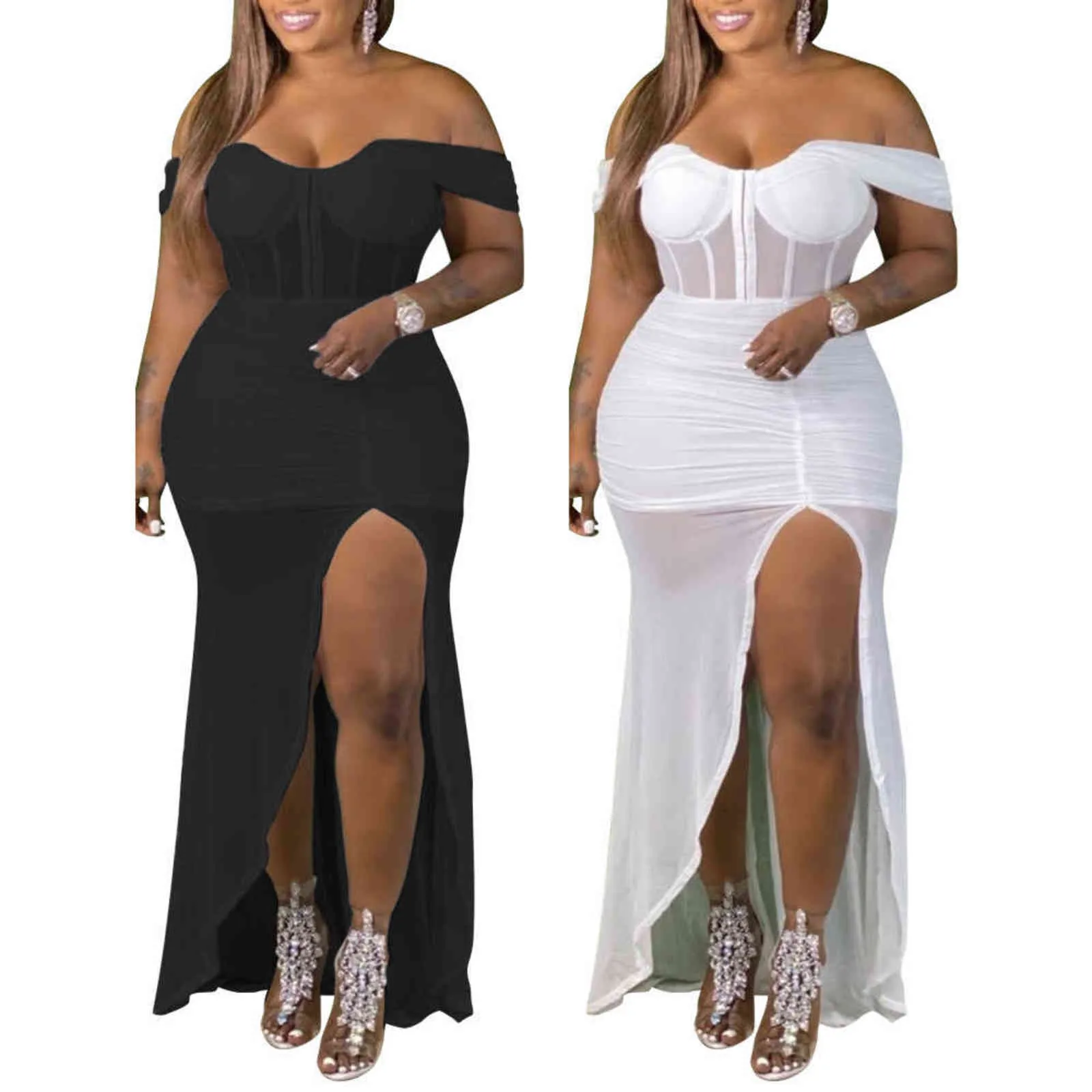 Cuteubly Plus Size Strakke Jurken Voor Dames Club Solid Color Onregelmatige Split Girl korte mouw uit schouderschede 211115