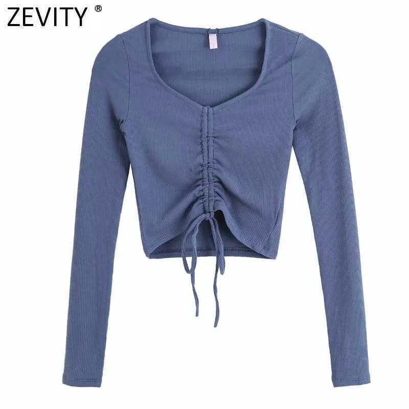 Zevity Women Simply V Neck Pleated Lace Up Långärmad Chic Camis Tank Damer Strikkad Slim T-shirt Casual Crop Tops LS7552 210603