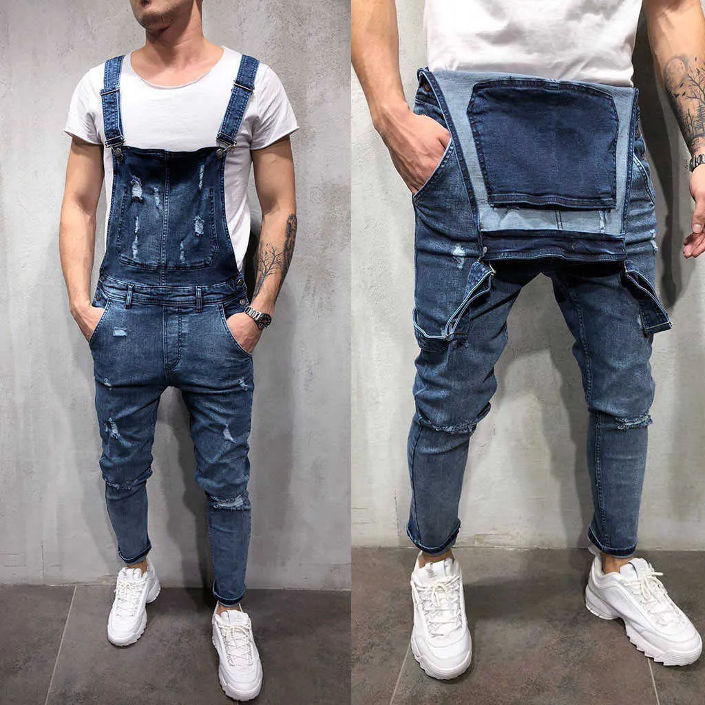 2021 Högkvalitativa Mäns British Style Denim Bib Byxor Full längd Jumpsuits Hip Hop Ripped Jeans Overaller för Män Streetwear X0621
