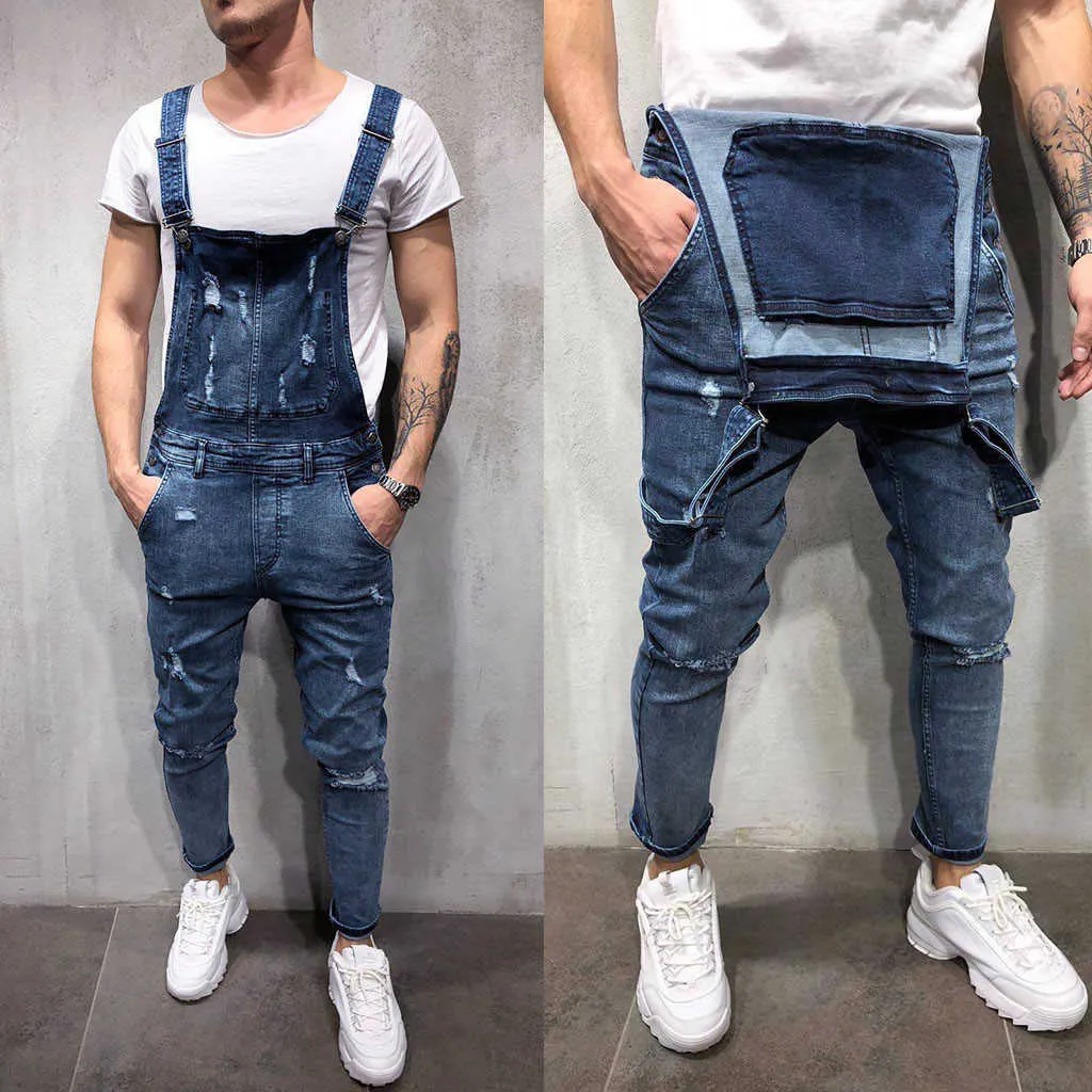 2021 Hoge Kwaliteit Mannen Britse Stijl Denim Bib Broek Volledige Lengte Jumpsuits Hip Hop Gescheurde Jeans Overalls Voor Mannen streetwear 2890