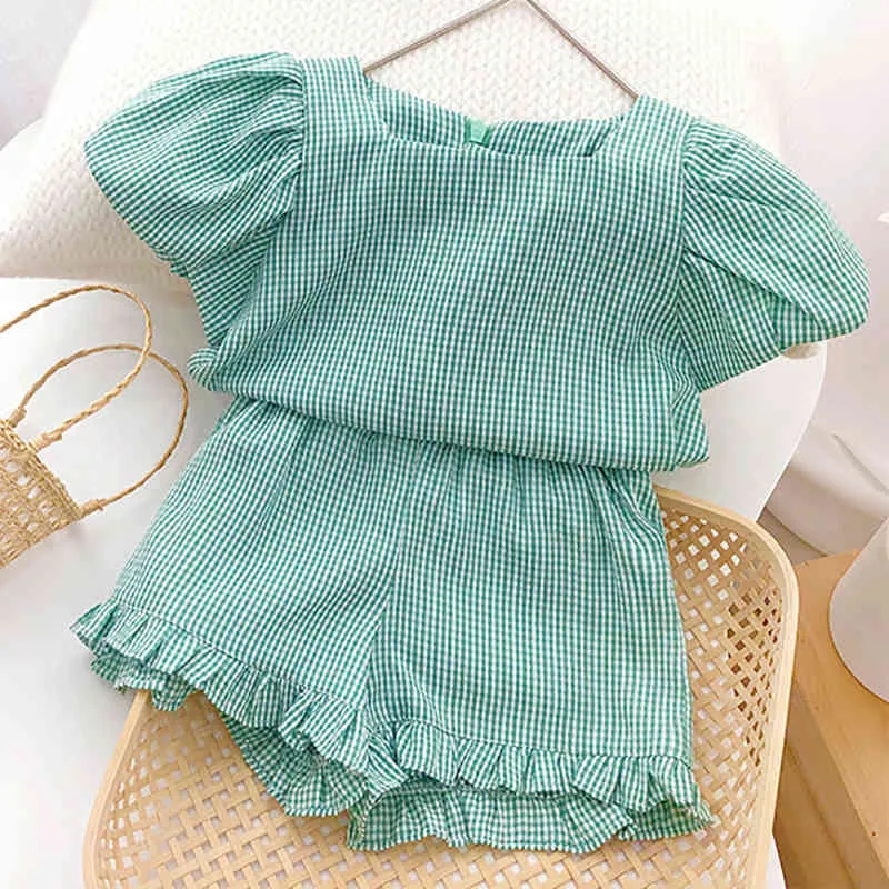 Kids Clothes Girls Summer Outfits Holiday Beach Plaid Bubble Sleeve Top +Shorts Children Baby Set 210515