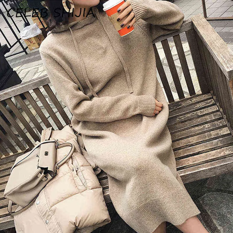 Woolen 2021 nowa kobieta z kapturem dzianiny sukienka damska z pełnym rękawem luźne elegancki długi sweter sukienka kobieta jesień zima khaki top g1214