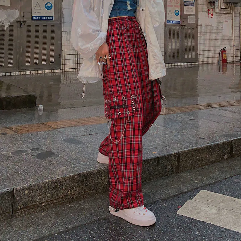 HOUZHOU Punk Cargo Plaid Hose Gothic Harajuku Rot Karierte Breite Bein Hosen Für Weibliche Herbst Streetwear Hippie Mode 210721