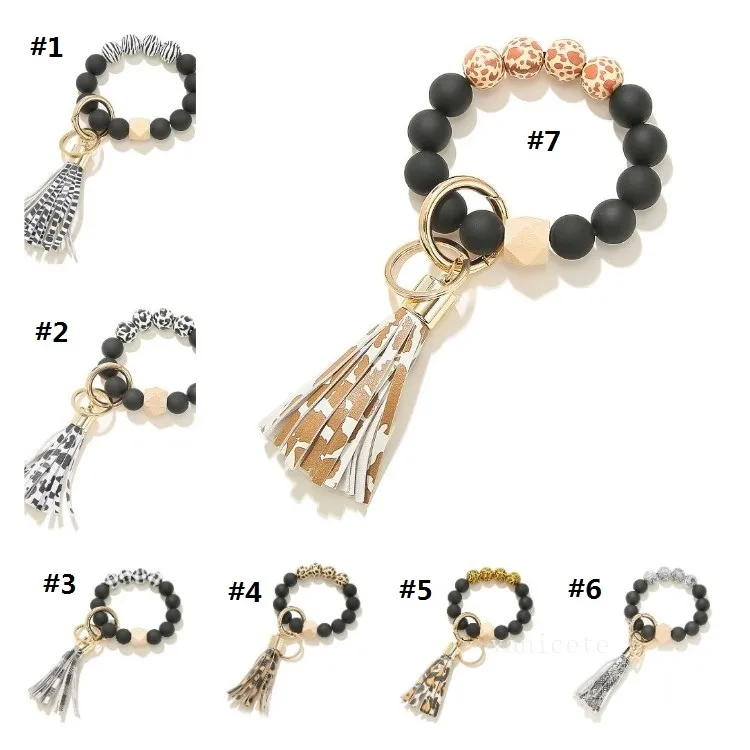 Czarny Frosted Drewniany Koralik Bransoletka Keychain Moda Wzór Tassel Wisiorek Bransoletki Kobiety Dziewczyna Klucz Pierścień Pasek 7 kolorów T2I53323