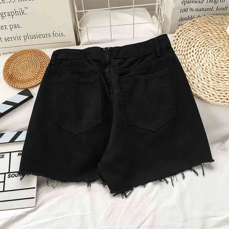 Kimutomo chic hong kong stijl jeans shorts vrouwen zomer hoge straat knoppen split zwart brede been denim shorts casual 210521