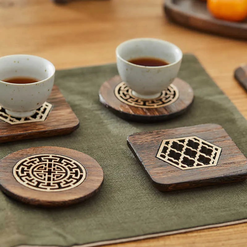 Ensemble de 4 pièces sous-verres en bois tapis de bureau carré et rond résistant à la chaleur coussinets de tasse sculptés de haute qualité porte-gobelet à thé tapis de bol 210706