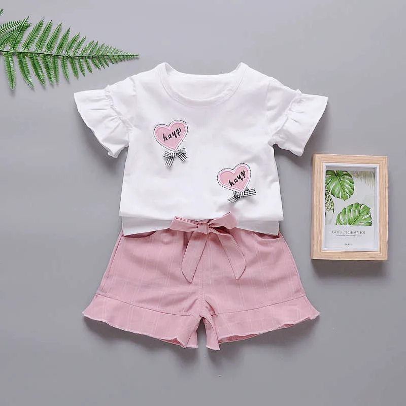 Ensembles de vêtements pour filles d'été décontracté motif coeur haut arc couleur unie Shorts 2 pièces bébé enfants vêtements costume enfants vêtements X0902
