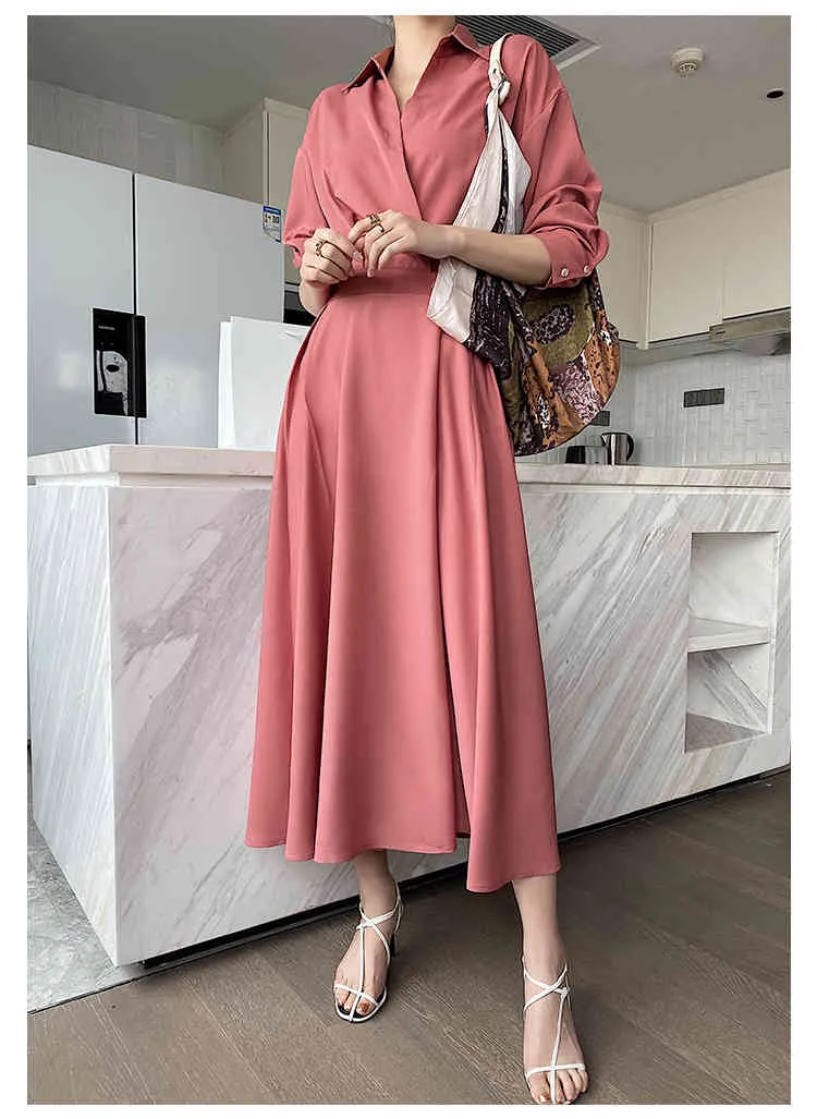 Primavera elegante escritório mulheres chiffon vestido cor sólida vintage manga comprida senhoras maxi a linha fema robe 210514