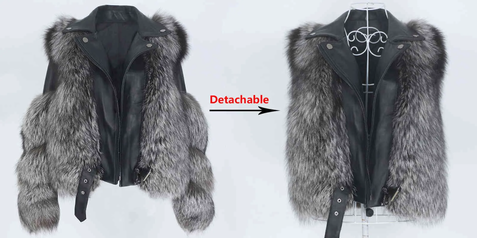MENINA BONITA Real Fur Coat Vest Winter Jacket Women Natural Fur Genuine Leather Outerwear Detachable Streetwear Locomotive 211110
