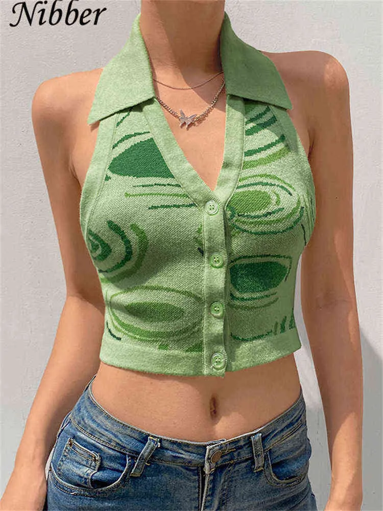 Nibber Crop Top Ladies Everyday Casual StreetWear Häng En Halsbakgrund Slank Design Top Stripe Sticka 2022 Ny Springtime Woman Y220304