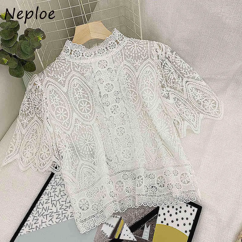 Neploe Elegant Lace Hollow Out Werk Stijl Ol Blouse Vrouwen O Hals Korte Mouw Trui Blusas Zomer Effen Shirt Femme 210510