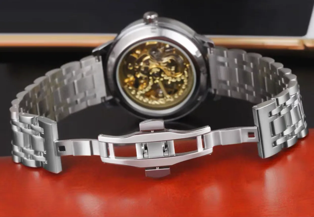 Herenhorloge eenvoudig automatisch mechanisch uurwerk grote wijzerplaat stalen band legering kast versterkt glas mode elegantie 286m