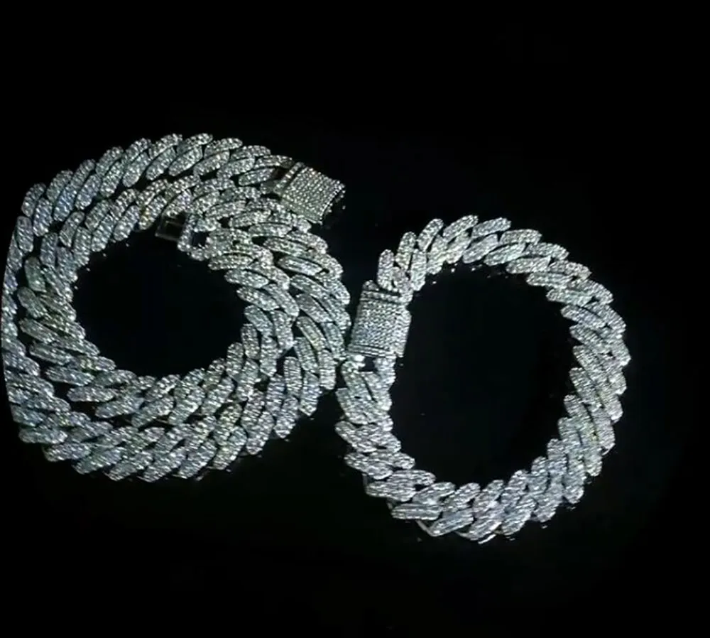 12mm gelado cubano link prong corrente colar pulseira 14k branco banhado a ouro 2 fileiras diamante zircônia cúbica jóias 16 polegadas-24 polegadas339p