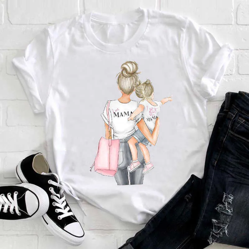 Donna Cartone animato anni '90 Stile a righe Ragazzo Figlio Ragazza Figlia Mamma Mamma Vestiti la madre Stampa Tee Top Maglietta Donna T-shirt grafica X0628