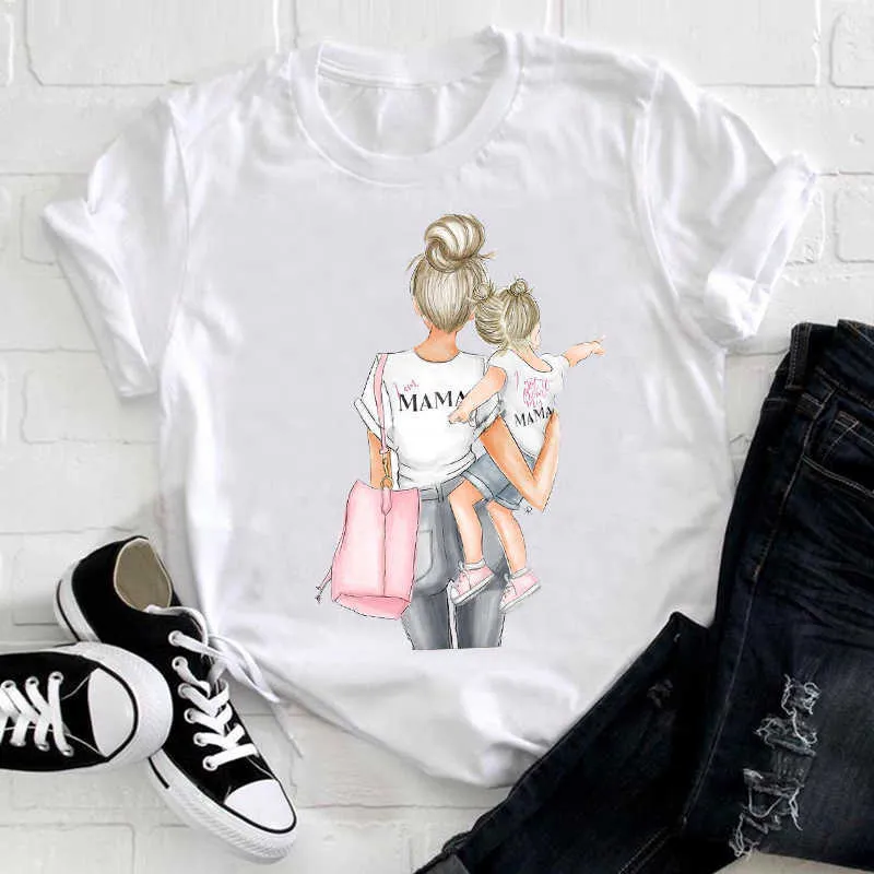 Mulheres dos desenhos animados 90s estilo listrado menino filho menina filha mãe mamãe mãe roupas cópia t-shirt feminino t-shirt gráfico senhoras x0628