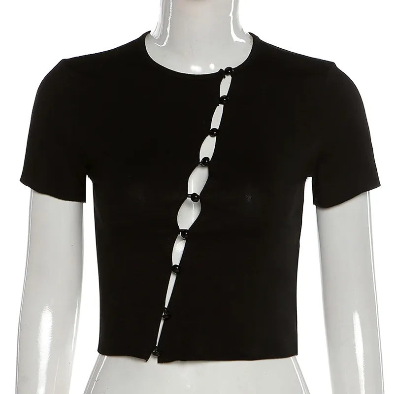 バイアスシングルブレストTシャツの女性Oネック半袖ビーズボタンスリムな服セクシーな作物トップスへそクラブウエアカジュアルサマー210517
