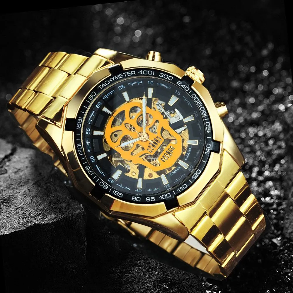 GEWINNER Offizielle Automatik-GOLD-Uhr für Herren, Stahlarmband, Skelett-Mechanik, Totenkopf-Uhren, Top-Marke, Luxus, Drop Whole 210278g