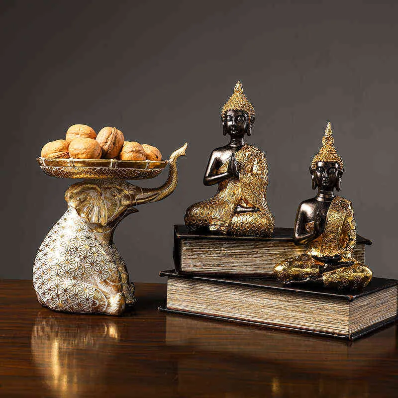Goldene Buddha-Statue, Kunstharz, handgefertigt, thailändische Buda-Buddha-Statue, Kunsthandwerk, dekorative Verzierung, Heimdekoration 220113